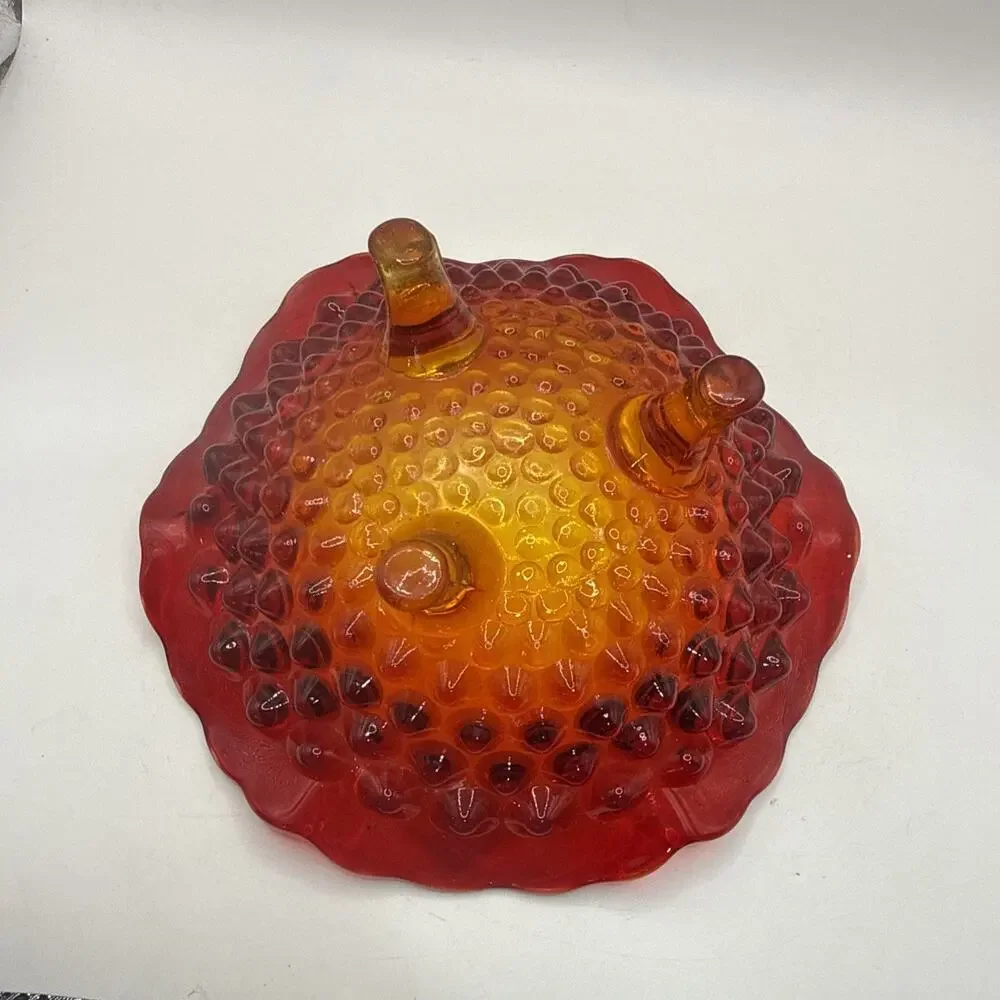 Vintage Fenton Art Glass AMBERINA Hobnail Footed Dish Bowl 6.5” in Red Orange *